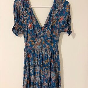 Angie Teal Blue Floral V-Neck Tiered Dress